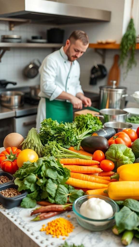 A chef preparing fresh ingredients in a well-organized kitchen.